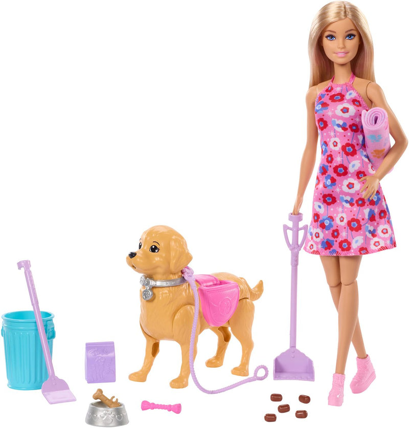 Barbie Malibu Spielzeugset für wandelnde Welpen – Puppe, katzfähiger Hund und Zubehör