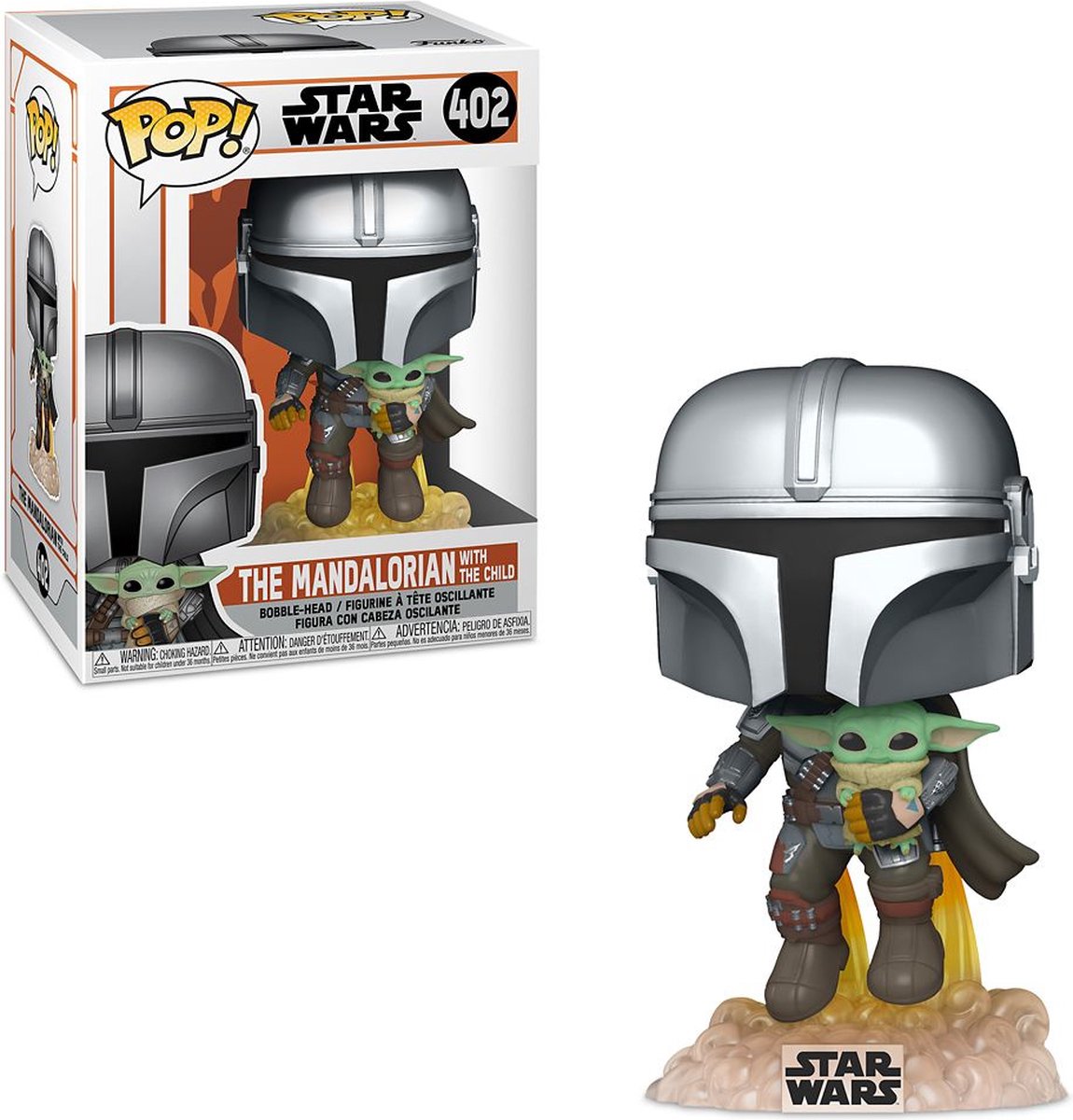 Funko Pop Star Wars: Der Mandalorianer fliegt mit Jetpack und Kind – Pop #402