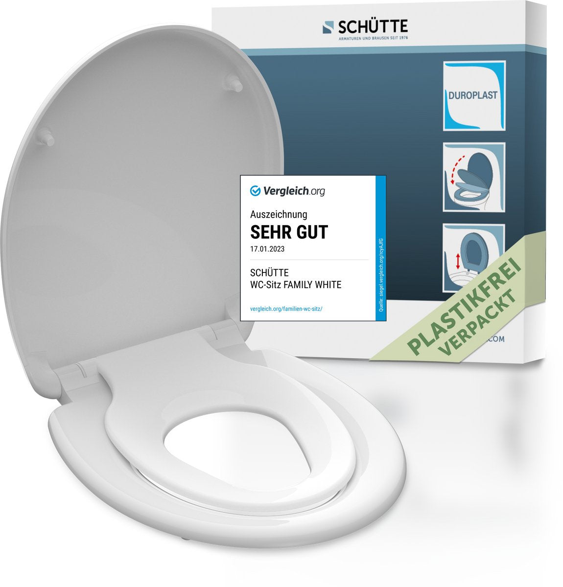 Schütte WC-Sitz 82940 Family weiß – Duroplast – Absenkautomatik – klickbar – integrierter Kindersitz – lackiert – weiß