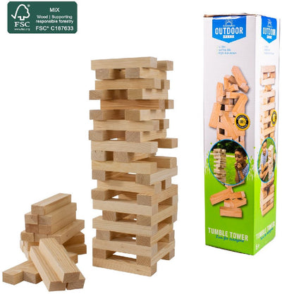 Outdoor-Spielstapelturm aus Holz mit Tragetasche, FSC-zertifiziert.
