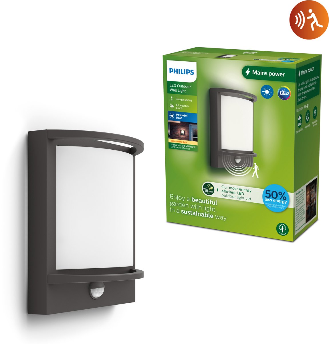 Philips LED Philips Samondra Wandleuchte – ultraeffizient – Anthrazit – mit Sensor – 3,8 W