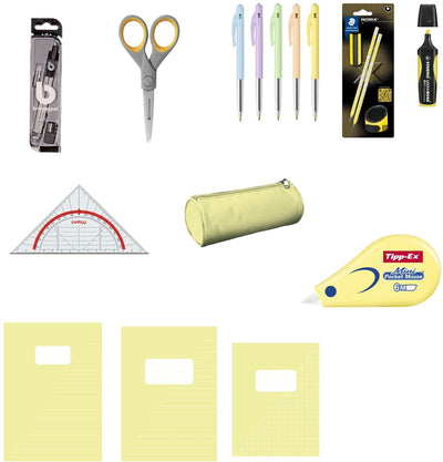 Verschiedene Marken zurück zur Schule – komplettes Schulset – Notizbücher A4 A5, Federmäppchen, Schreibwaren und Geometrie-Set – Pastellgelb