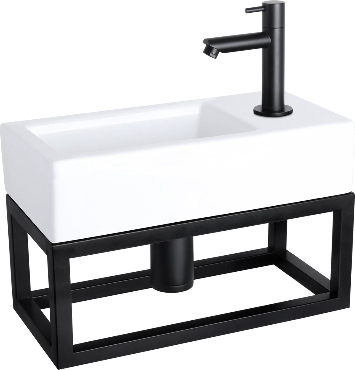 Differnz Helios Brunnen-Set – 37,5 x 18,5 x 9,5 cm – rechteckig – 1 Hahnloch rechts – gerader mattschwarzer Wasserhahn – mit schwarzem Rahmen – Keramik weiß