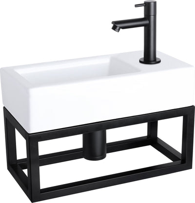 Differnz Helios Brunnen-Set – 37,5 x 18,5 x 9,5 cm – rechteckig – 1 Hahnloch rechts – gerader mattschwarzer Wasserhahn – mit schwarzem Rahmen – Keramik weiß