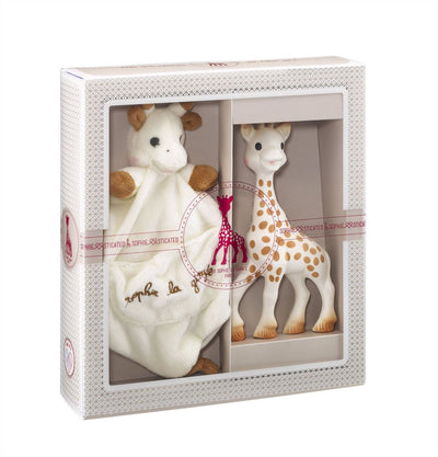 Raffiniertes Geschenkset „Sophie die Giraffe“ – Babyspielzeug – Kuscheltuch mit Schnullerhalter – Mutterschaftsgeschenk – Babyparty-Geschenk – 4-teilig