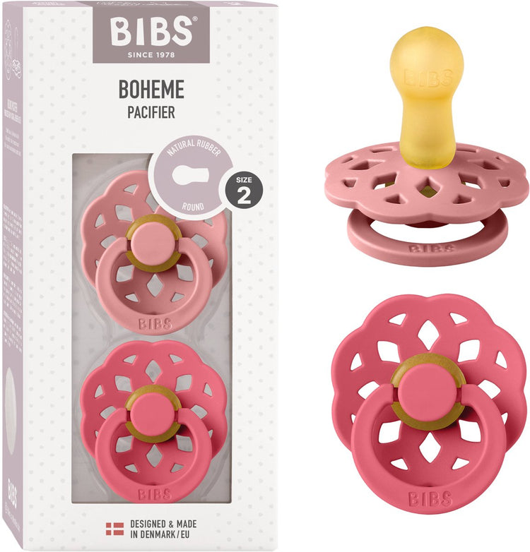 Bibs Boheme Schnuller 2er Pack. BPA-freier, runder Sauger. Naturkautschuklatex, hergestellt in Dänemark, Größe 2 (6–18 Monate), altrosa Koralle