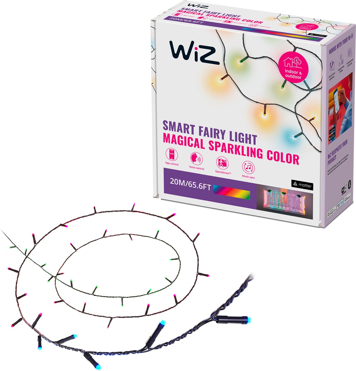 Smarte Lichterkette Wiz – 20 Meter – weißes und farbiges Licht – 160 Lichter – 8 verschiedene Lichtzonen – auch für den Außenbereich