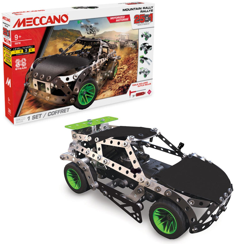 Bandai – Meccano Mountain Rally 25 in 1 – Bauset 25 Modelle – 390 Teile, Motor, Werkzeuge, Anleitung – Rallye-Auto-Montage-Aktivitätsset – Kinderspielzeug 10+ – APM11111