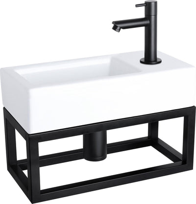 Differnz Ravo-Brunnenset – 38,5 x 18,5 x 25 cm – rechteckig – 1 Hahnloch – gerader mattschwarzer Wasserhahn – mit schwarzem Rahmen – Keramik weiß