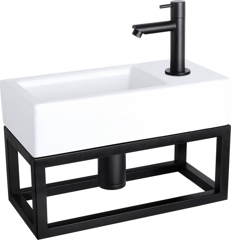 Differnz Ravo-Brunnenset – 38,5 x 18,5 x 25 cm – rechteckig – 1 Hahnloch – gerader mattschwarzer Wasserhahn – mit schwarzem Rahmen – Keramik weiß