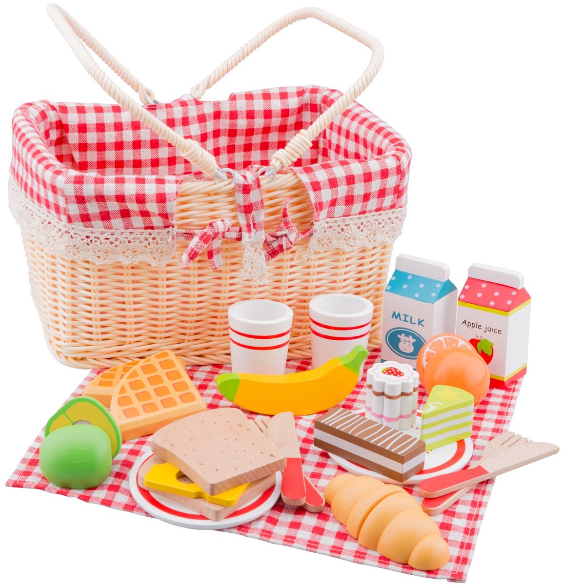 Woet® Holz-Picknickkorb-Spielset – komplettes Picknick-Rollenspiel mit über 30 Zubehörteilen – Brot, Obst, Getränke, Geschirrtuch – lehrreiches Küchenspielzeug – ab 3 Jahren