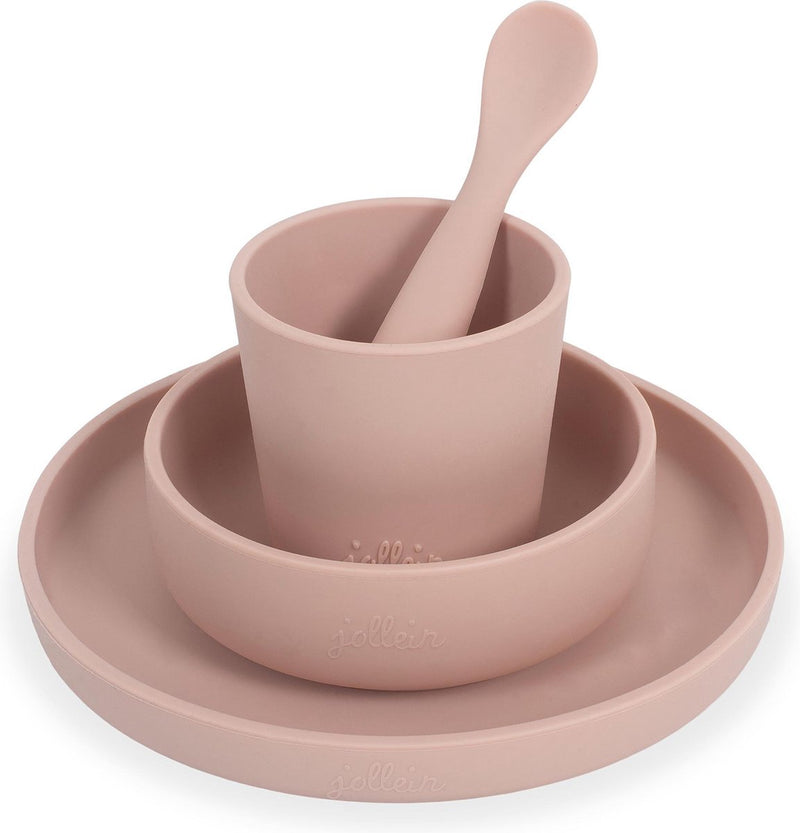 Jollein - Kindergeschirrset 4-teilig (hellrosa) - Silikon - Babygeschirr, Babybesteck - 6-18 Monate