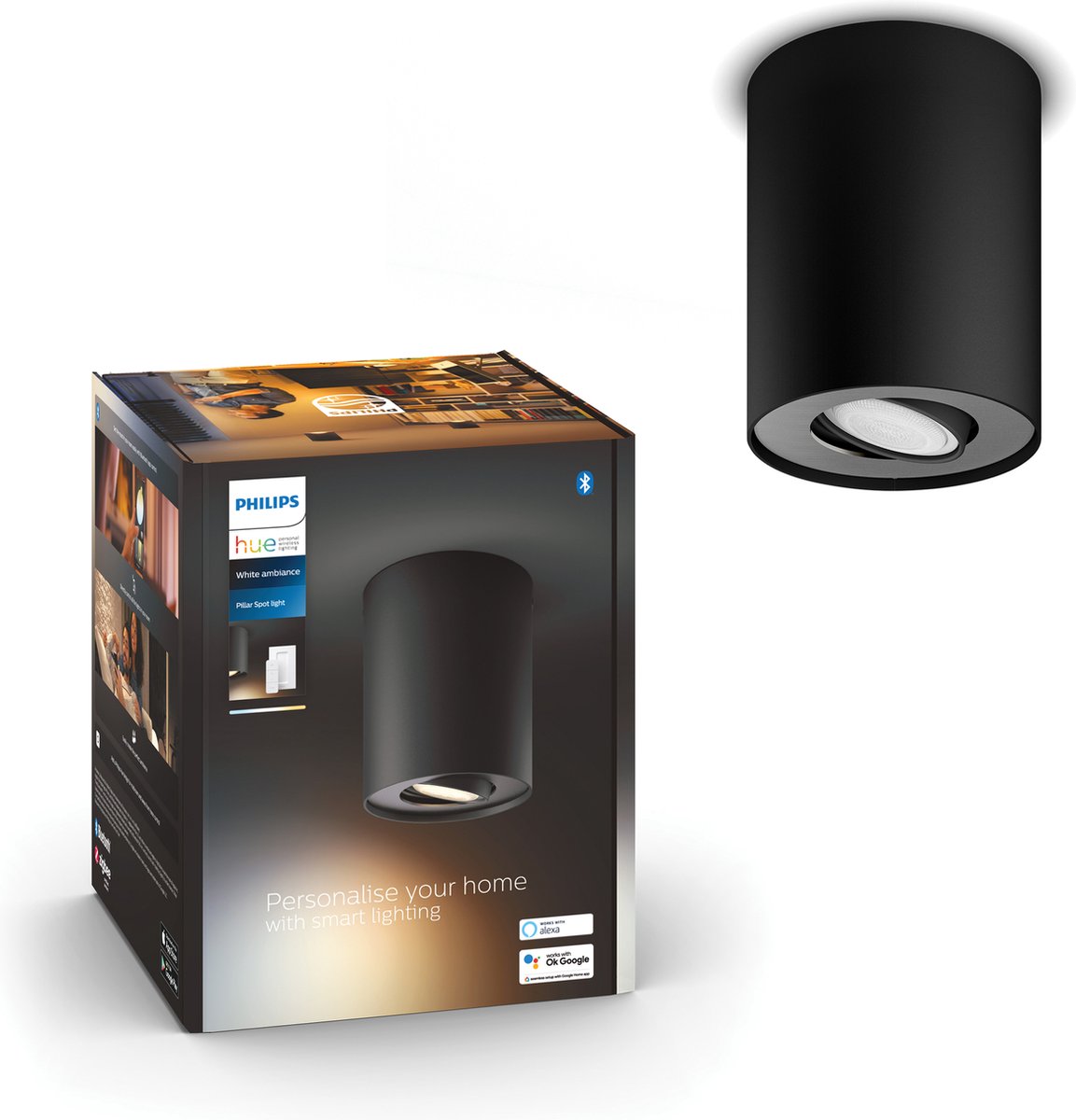 Philips Hue Pillar Aufbaustrahler – warmes bis kaltweißes Licht – 1 Spot – Schwarz – 1 Dimmschalter – GU10