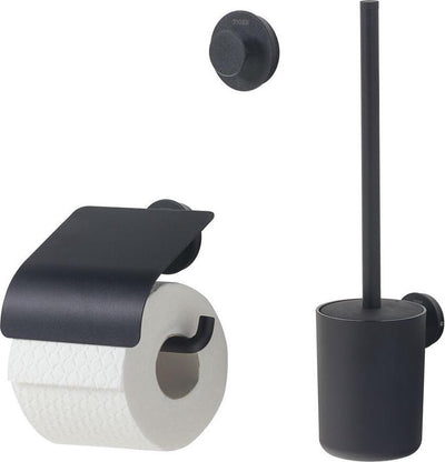Tiger Urban Toilettenzubehörset – Toilettenbürste mit Halter – Toilettenpapierhalter mit Klappe – Handtuchhaken – Schwarz