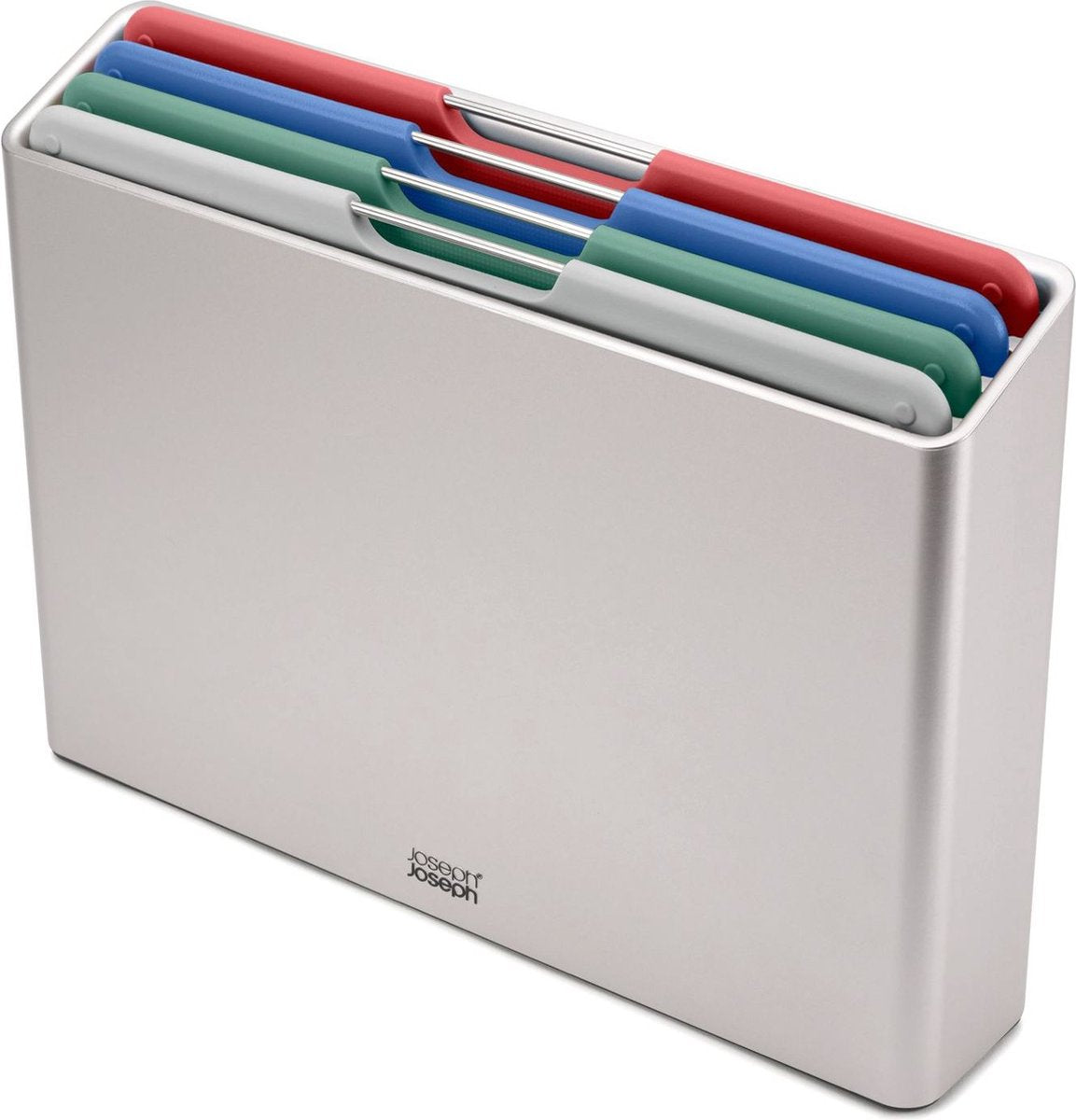 Joseph Joseph Folio™ Schneidebrettset 4-teilig – groß – Silber – farbcodiert – mit Aufbewahrungsständer – Griffe aus Edelstahl