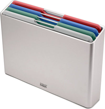 Joseph Joseph Folio™ Schneidebrettset 4-teilig – groß – Silber – farbcodiert – mit Aufbewahrungsständer – Griffe aus Edelstahl