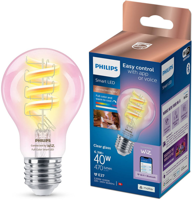 Philips LED Philips Smart Lighting – Lampenfaden – Intelligente LED-Beleuchtung – farbiges und weißes Licht – E27 – transparent – 40 W – WLAN