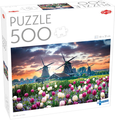 Tactic alte Mühlen und Tulpen – Puzzle – 500 Teile – Holländische Mühlen und Tulpenfelder – typisch niederländische Landschaft – hohe skandinavische Qualität