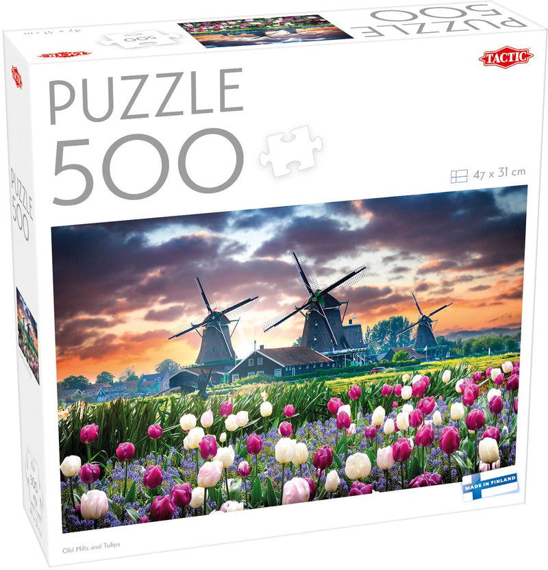 Tactic alte Mühlen und Tulpen – Puzzle – 500 Teile – Holländische Mühlen und Tulpenfelder – typisch niederländische Landschaft – hohe skandinavische Qualität
