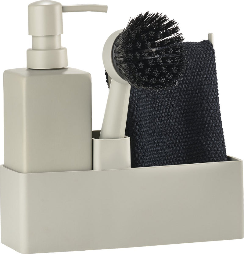 Zone Denmark Geschirrspülset 19 x 6 x 20,5 cm mit Spültuch, Seifenspender aus Keramik, Spülbürste und Küchenorganizer – 4-teiliges Schlamm-Geschirrspülset