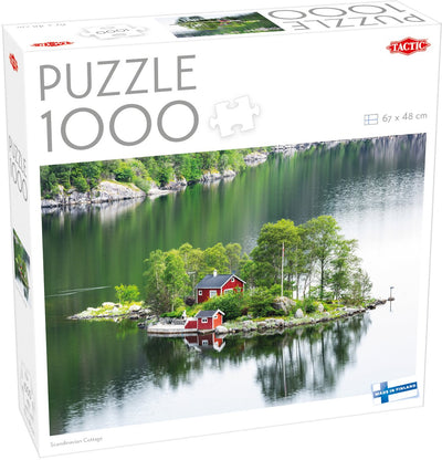 Tactic Scandinavian Cottage – Puzzle – 1000 Teile – ruhige skandinavische Insellandschaft – rote Holzhäuser am Wasser – hohe skandinavische Qualität