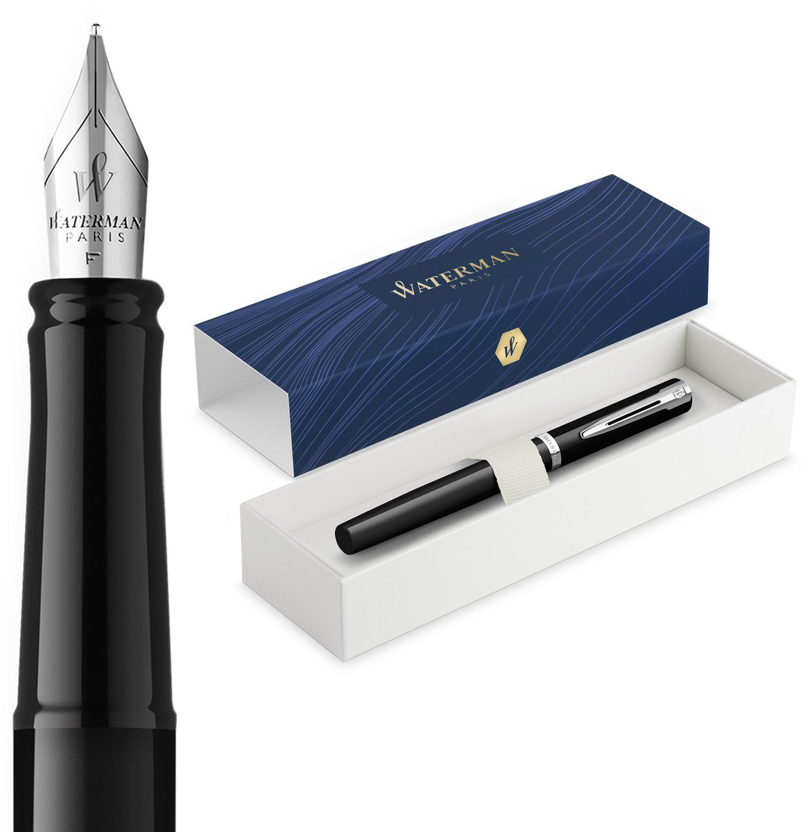 Waterman Impression Füllfederhalter | mittlere Füllfederfeder mit blauer Mine | schwarze Lackierung mit Palladiumbeschichtung | Geschenkbox