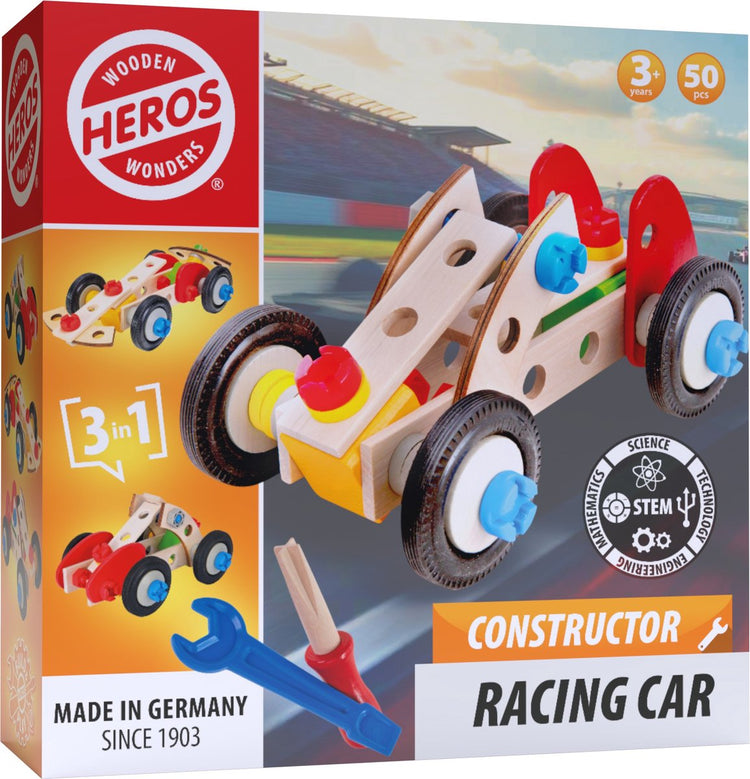 Heros Konstruktor-Rennwagen – Konstruktionsspielzeug – 4-in-1 – 50 Teile – Holzbausatz – FSC-Holz – Made in Germany – selbst bauen – ab 4 Jahren