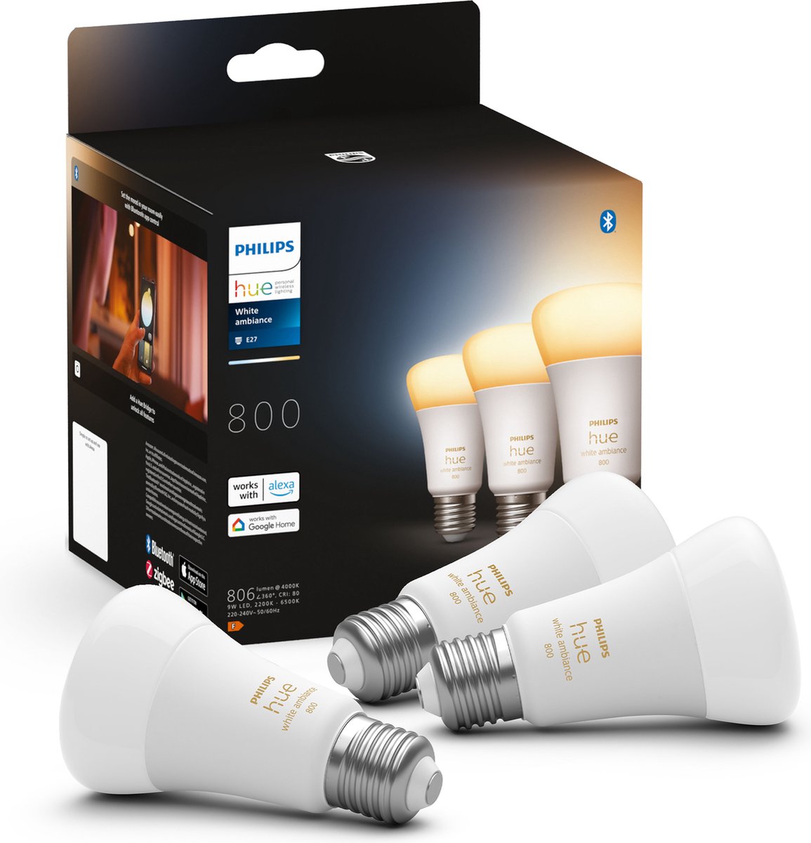 Philips Hue White Ambiance Standardlampe matt dimmbar (3er-Pack) – E27 9 W 800 lm 22...