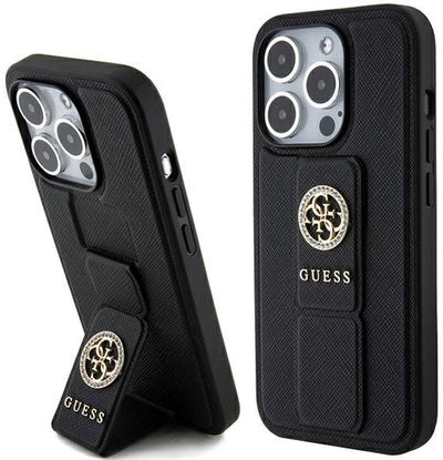 Guess Saffiano-Strass – iPhone 15 Pro Max-Hülle – Griffständer – Schwarz – eleganter Schutz