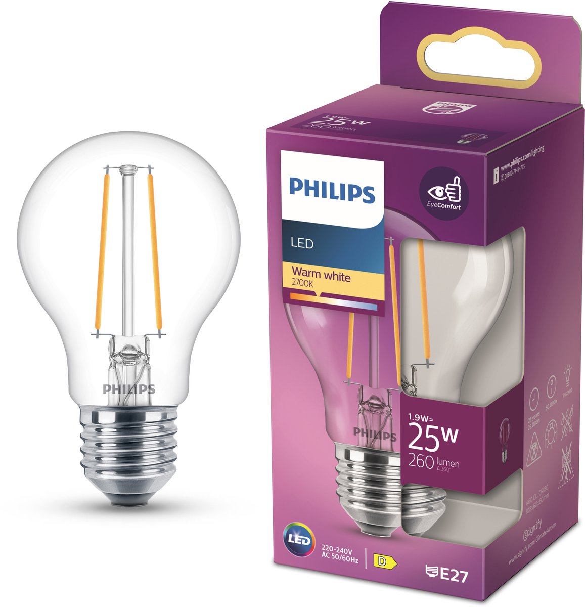Philips LED-Lampe – Standardlampenform mit E27-Fassung – warmweißes Licht: 2700 K – 25 W – klares Glas