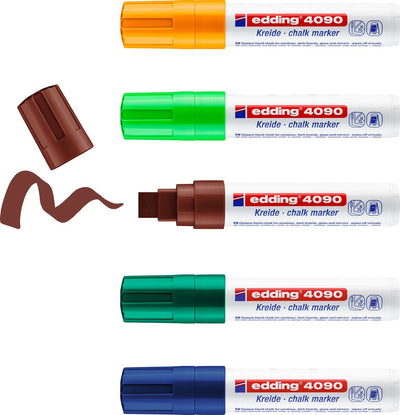 Edding 4090 Kreidemarker - verschiedene Farben - 5 Fenstermarker - meißelförmige Spitze 4-15 mm - Fenstermarker für Schilder, Fenster, Glas, Spiegel - Kreidemarker für Fenster sind abwaschbar und löschbar