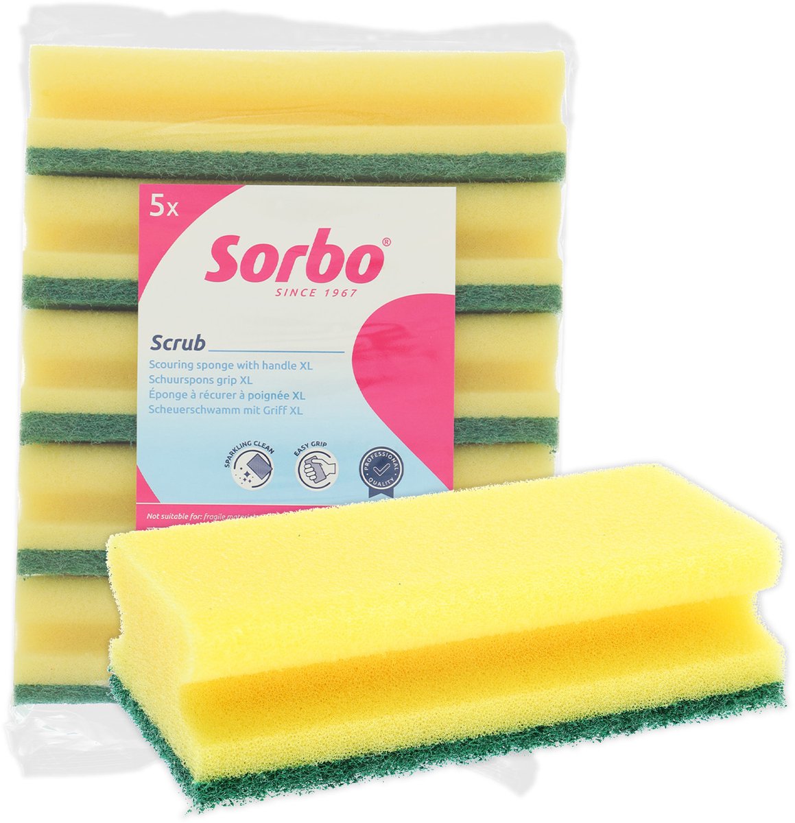 Sorbo Scheuerschwamm Jumbo – 5er-Set – extra großer Schwamm mit Griff – Viskoseschwamm mit grüner Schleiffläche – für hartnäckigen Schmutz und Fett