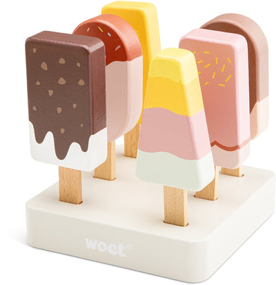 Woet® Eisspielzeug aus Holz – 6-teiliges buntes Eis mit Ständer – Spielzeug-Essen – Rollenspiel-Küchenspielzeug-Eisstand – ab 2 Jahren
