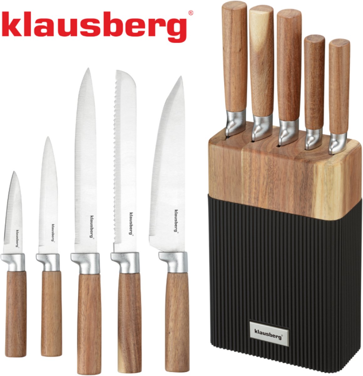 Klausberg kb-7981 6-teiliges Messerset - 5 Messer mit Akazienholzblock - Edelstahl schwarz - Messerblock inklusive Messer - Naturoptik - Kochmesser - Brotmesser -