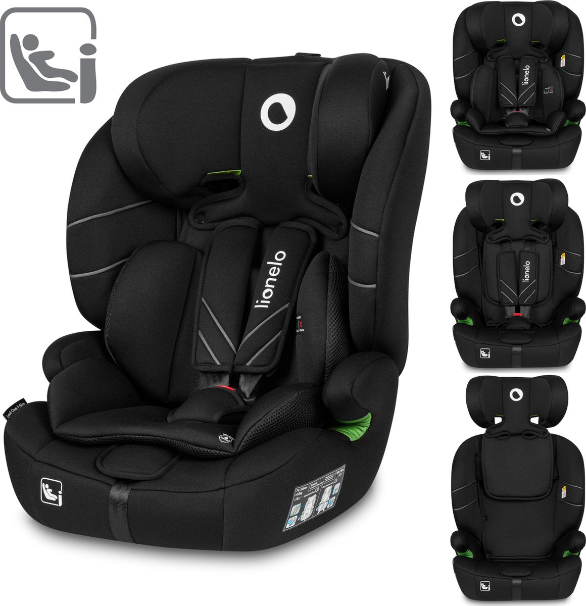 Lionelo Levi – Autositz – von 1,5 bis 12 Jahren (76–150 cm, 9–36 kg Gruppe 1 2 3) – bequemer breiter Sitz – Memory-Schaum – Kopfstütze mit 10 Positionen – i-Size-Autositz