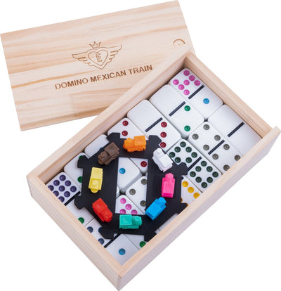 Engelhart Domino Double 9 Mexikanischer Zug – 55 Spielsteine mit farbigen Augen – inklusive Bahnhofszügen – Holzkiste mit Schiebedeckel – 50 x 25 mm – Brettspiel –