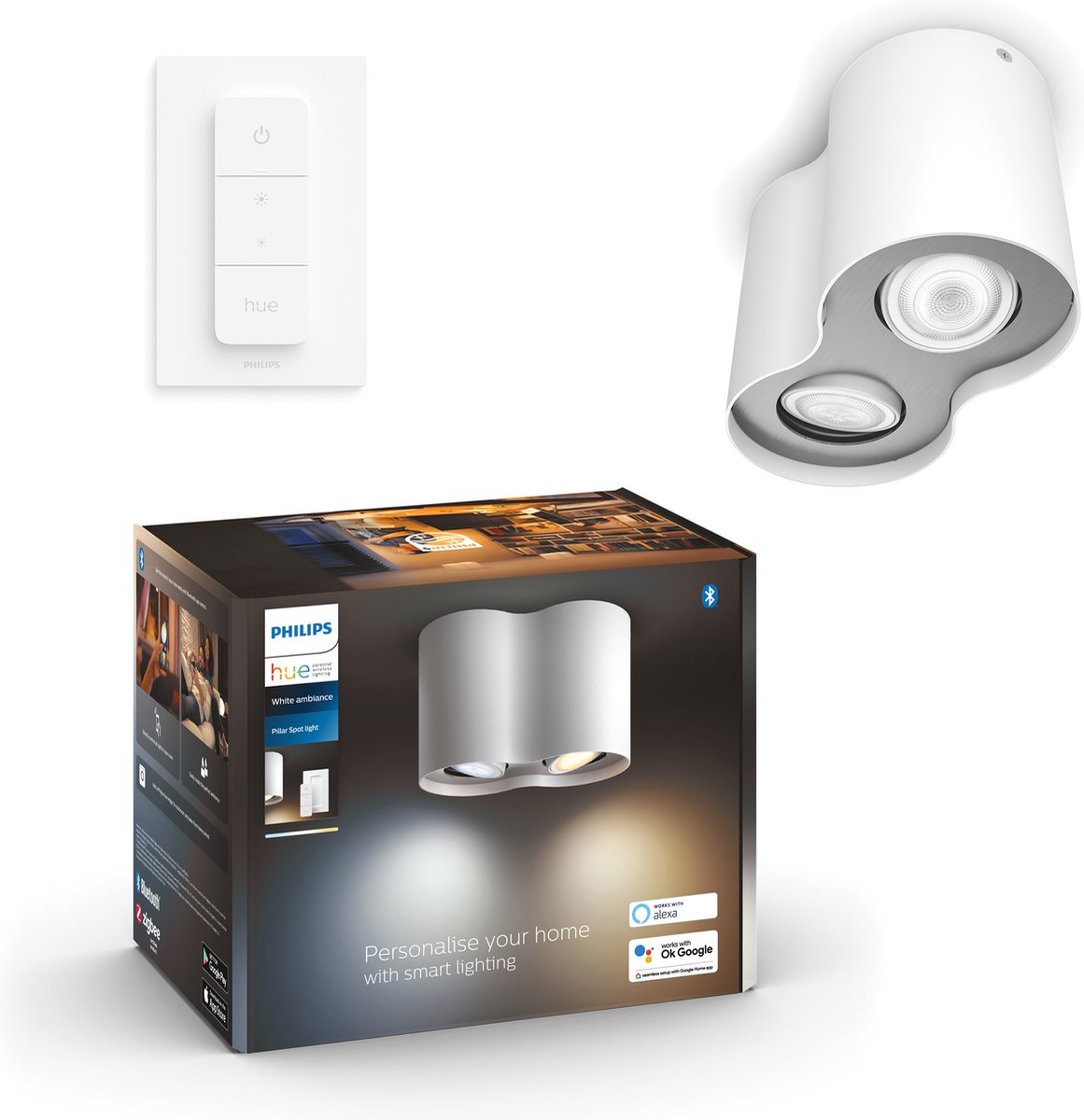Philips Hue Säulenaufbaustrahler – warmes bis kaltweißes Licht – 2 Spots – Weiß – 1 Dimmschalter – GU10
