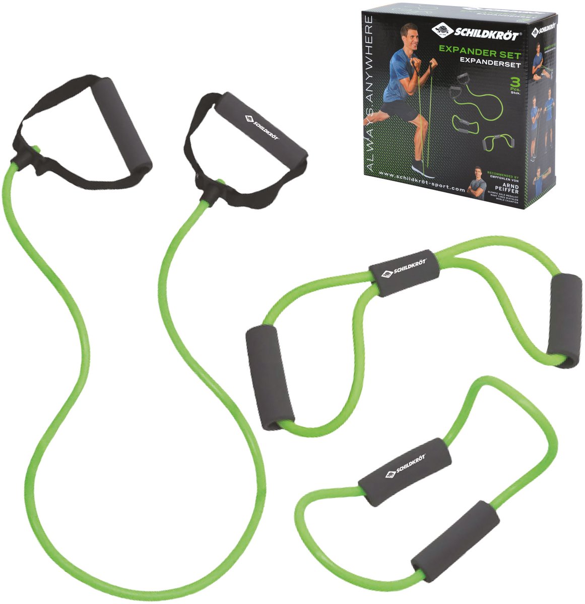 Schildkröt Expander-Set aus Fitnessgummis mit Griffen für das Krafttraining.