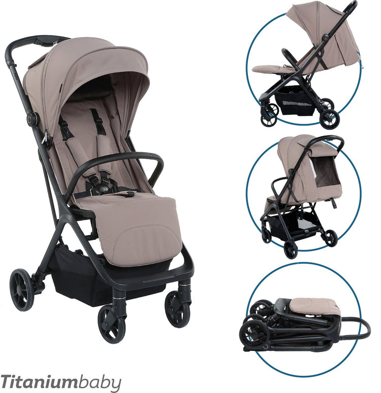 Babypulse-Buggy aus Titan – dunkles Taupe – ausgestattet mit Einkaufskorb – verstellbare Rückenlehne