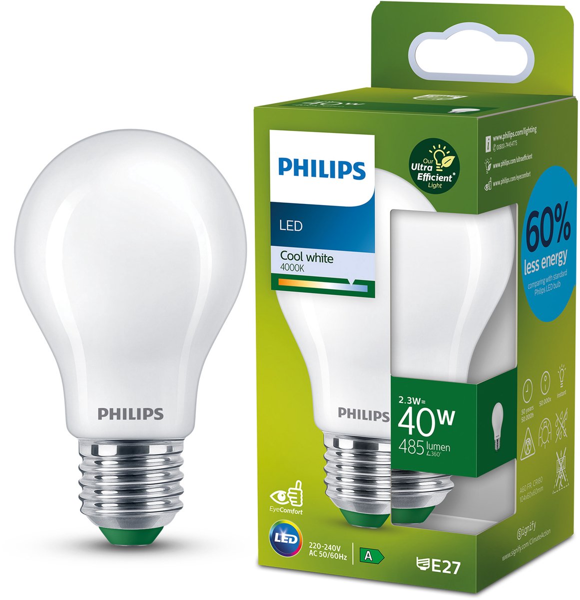 Philips LED Ultraeffiziente LED-Lampe von Philips – matt – 40 W – E27-Fassung – kaltweißes Licht: 4000 K – sparen Sie Energiekosten