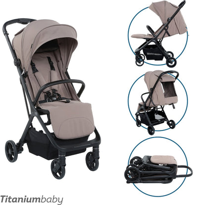 Babypulse-Buggy aus Titan – dunkles Taupe – ausgestattet mit Einkaufskorb – verstellbare Rückenlehne