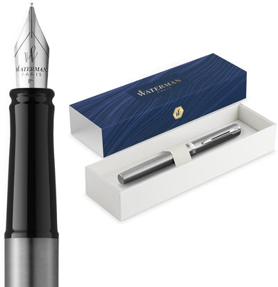 Waterman Impression Füllfederhalter | mittlere Füllfederfeder mit blauer Mine | Edelstahl mit Palladiumbeschichtung | Geschenkbox