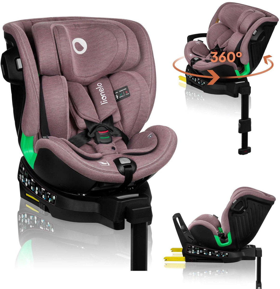 Lionelo Harmony – i-Size Autositz 4in1 – 360° drehbar – breiter Sitz – Isofix + Stützbein – rückwärtsgerichtet bis 105 cm (18 kg) – 40 bis 150 cm – 0 bis 36 kg – Seitenaufprallschutz – RWF und FWF – Bambusbezug – Dri-Sitz – Kopfstütze verstellbar