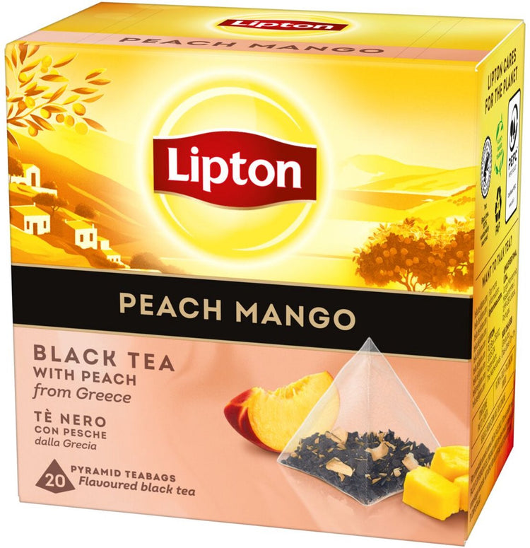 Lipton Pfirsich-Mango – 80 Pyramidenteebeutel – schwarzer Tee Pfirsich-Mango – 4 x 20 Beutel – Vorteilspackung