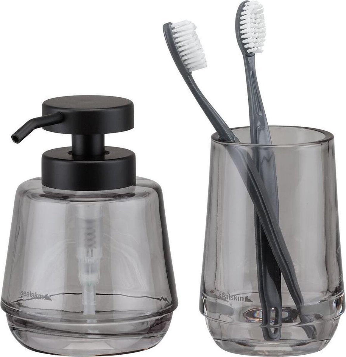Sealskin Mood – Badezimmerset – Seifenspender 380 ml – Zahnputzbecher – Grau