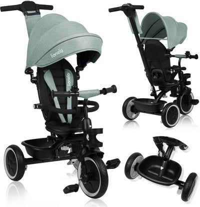 Lionelo Beeren-Dreirad 2in1 – bis 25 kg – 360° drehbarer Sitz – Kinderwagen-Fahrrad in einem – PU-Räder – Freilaufrad – verstellbare Schiebestange – Sonnen- und Regenverdeck – wächst mit dem Kind – lässt sich ohne Werkzeug zusammenbauen