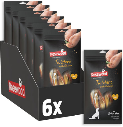 Rosewood Twisters Huhn klein – Kaustangen für kleine Hunde – mit Hühnerrohleder – getreidefrei, glutenfrei – ohne künstliche Zusätze – 6 Beutel à 90 g
