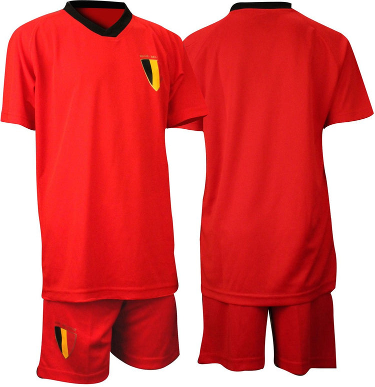 Avento Fußball-Set für Unterstützer Belgien – Weltmeisterschaft Red Devils Fußball-Hosenshirt Junior – Rot Schwarz – 128