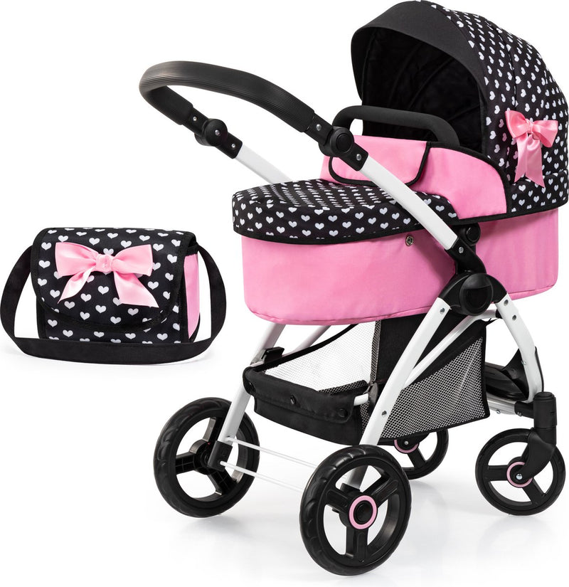 Bayer Design Puppenwagen City Max mit Tasche, höhenverstellbar, drehbare Räder vorne, umwandelbar in einen Buggy, integrierter Korb in Schwarz und Weiß