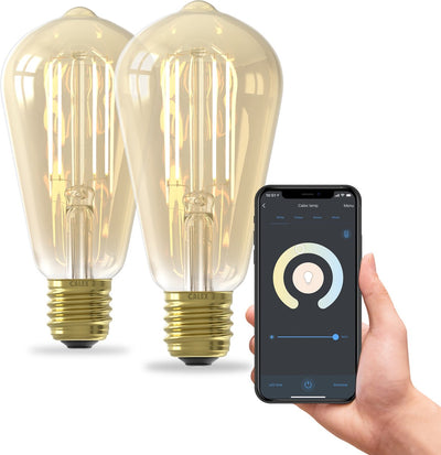 Calex Smart-Lampe – 2er-Set – WLAN-LED-Filamentbeleuchtung – E27 – rustikale Smart-Glühbirne Gold – dimmbar – warmweißes Licht – 7 W